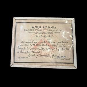 1943 Motor Mechanics Training School Certificate Fort Leonard Wood, Missouri